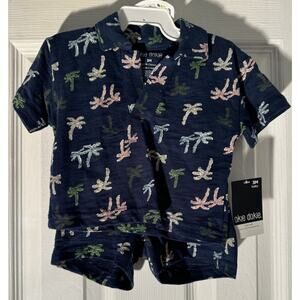 Okie Dokie Neck & Shorts 3M 8-12.5 Lbs Navy/ Colorful Palm Trees 2 Pc Set